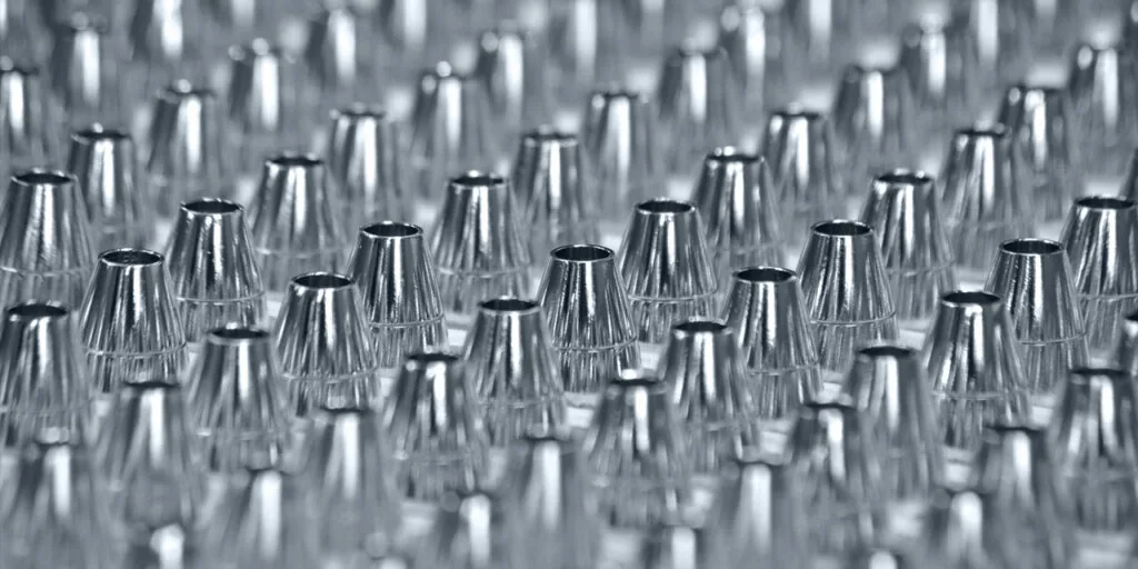 Dicht an dicht stehende konische Metallhülsen mit glänzender Oberfläche nach der Beschichtung
